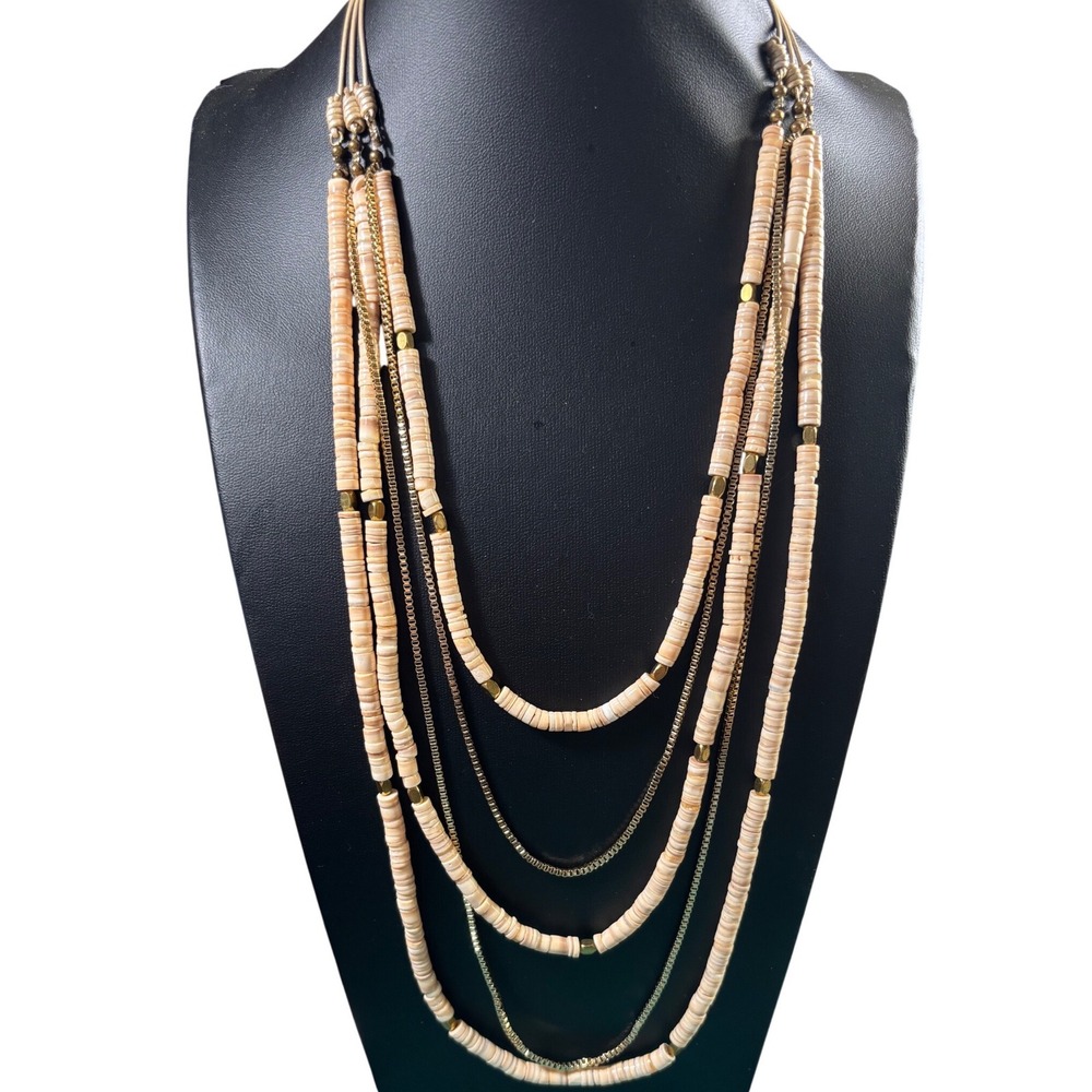 Artisan Multi-Strand Layered Necklace Cream‎ Shell Disc Gold Box Chain Boho